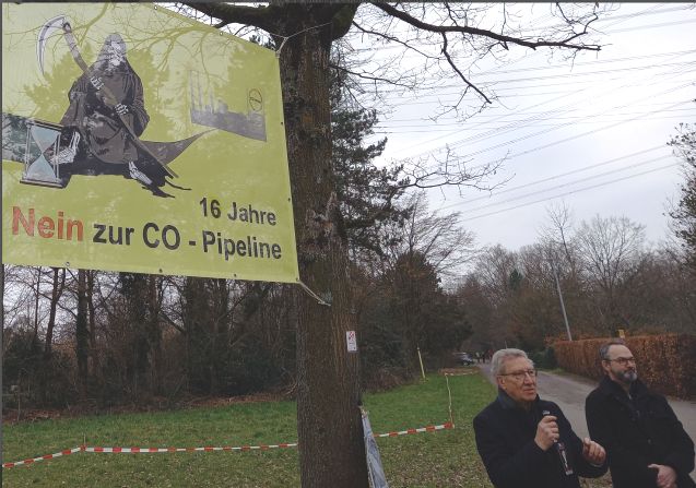 2 Personen vor einem Transparent mit der Aufschrift "16 Jahre Nein zur CO-Pipeline". Im Hintergrund ist ein rtot-weißes Absperrband zu sehen, das den Verlauf der CO-Pipeline makiert.